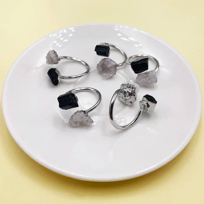 Natural Black Tourmaline & Clear Quartz Open Adjustable Ring