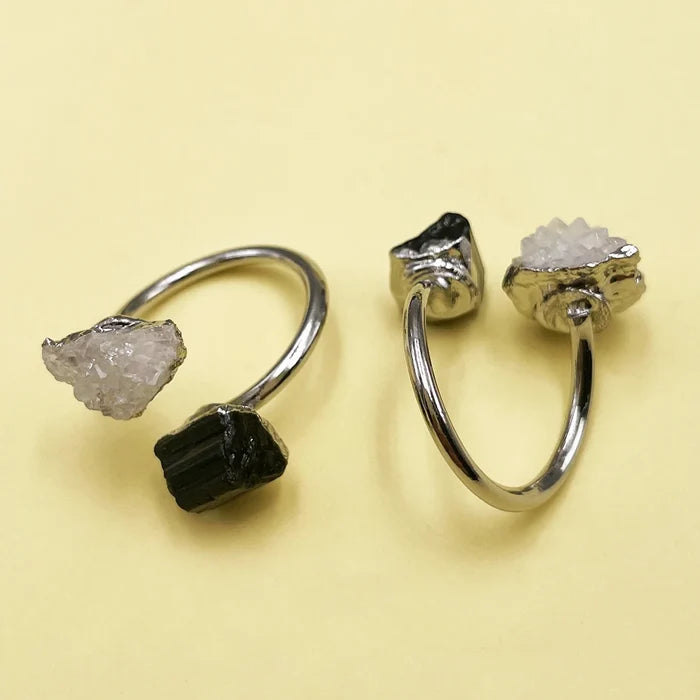 Natural Black Tourmaline & Clear Quartz Open Adjustable Ring