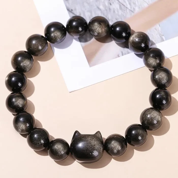 Natural Gold / Silver Sheen Obsidian Cat Bracelet