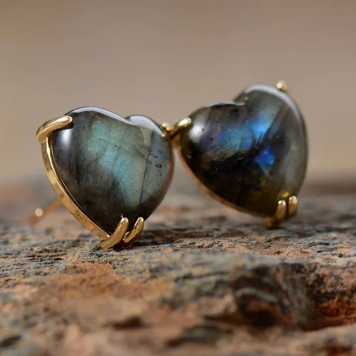 Natural Labradorite Heart Stud Earrings