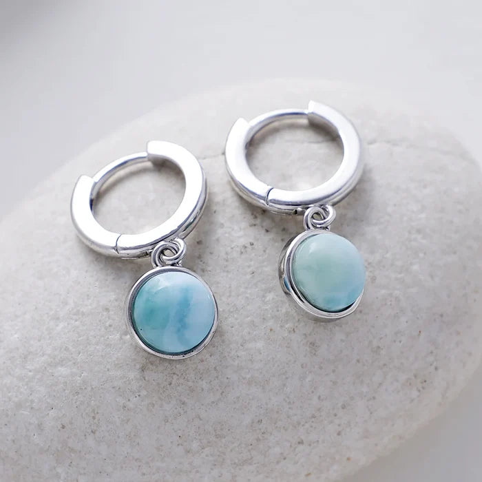 Natural Larimar Hoop Silver Earrings