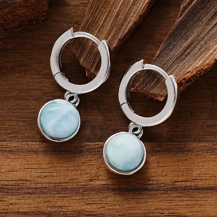 Natural Larimar Hoop Silver Earrings