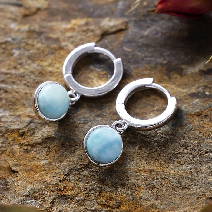 Natural Larimar Hoop Silver Earrings