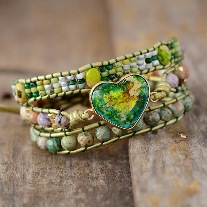 Natural Lime Jasper Heart Wrap Bracelet