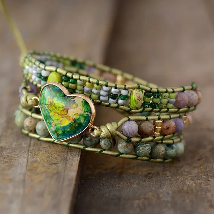 Natural Lime Jasper Heart Wrap Bracelet