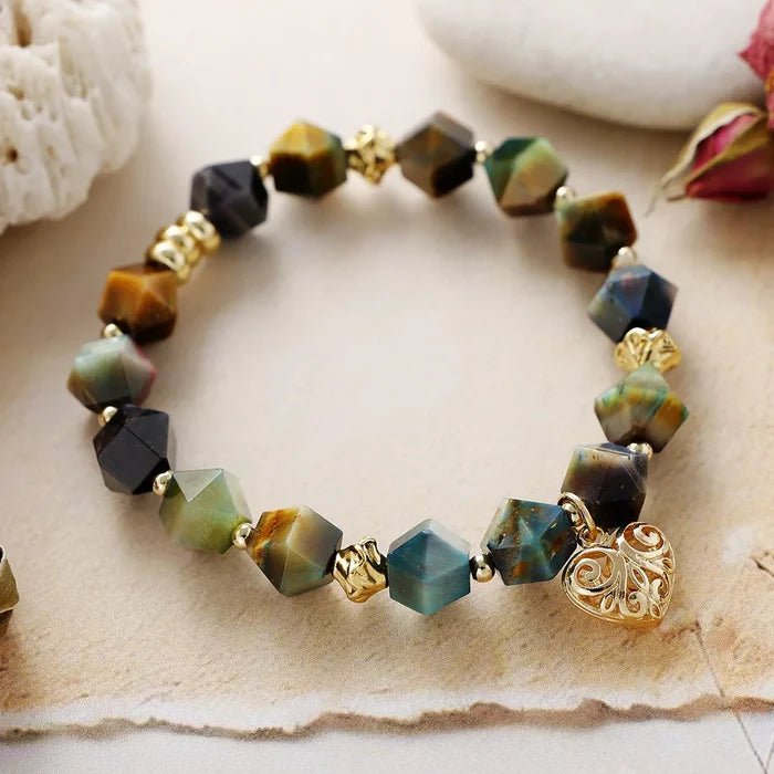 Natural Mixed Tiger's Eye Beads Heart Charm Bracelet