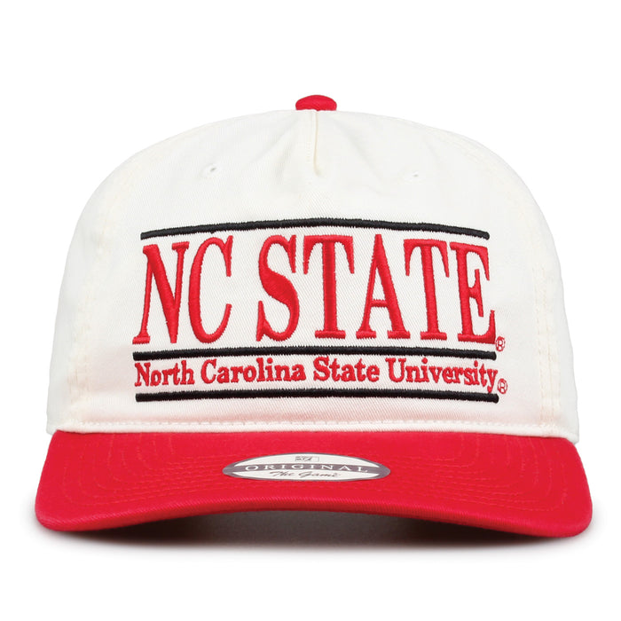 NC State Original Bar snapback hat with embroidered school design, front view