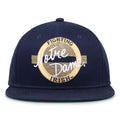 Notre Dame Retro Circle snapback hat in navy, front view