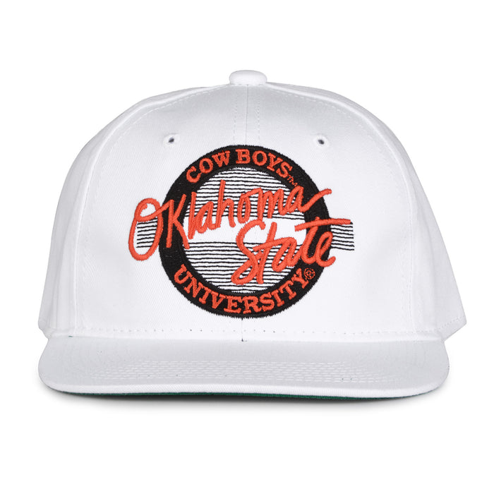 Oklahoma State Retro Circle snapback hat in white, front view