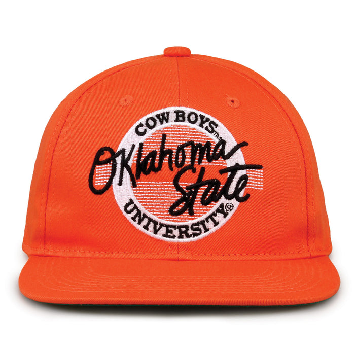 Oklahoma State Retro Circle snapback hat in orange, front view