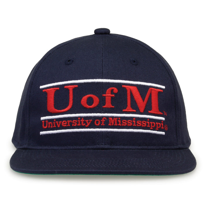 Ole Miss Retro Bar snapback hat in navy, front view