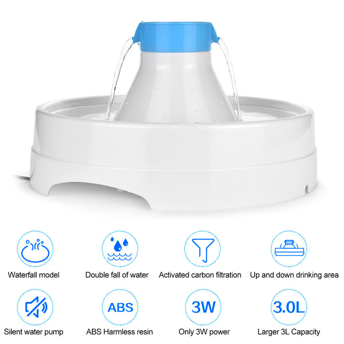 Ownpets® Pets Drinking Fountain, Active Oxygen Cycle Two Drinking Area 3L/0.8Gallon Capacity
