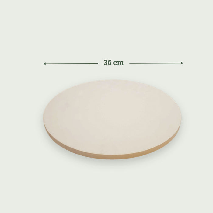 Pierre à pizza ronde en céramique de 36 cm, vue de dessus avec indication de diamètre.