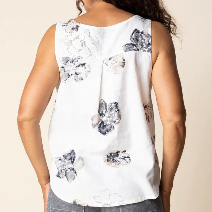 Pleat Back Button Tank - White Floral