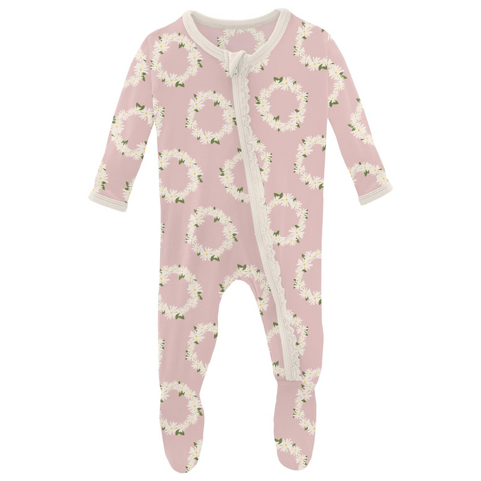 Print Zip Ruffle Footie - Baby Rose Daisy Crowns