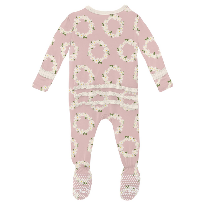 Print Zip Ruffle Footie - Baby Rose Daisy Crowns