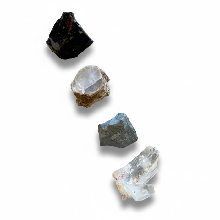Raw Crystal Set of 4 Opal Hematite Black Obsidian Quartz