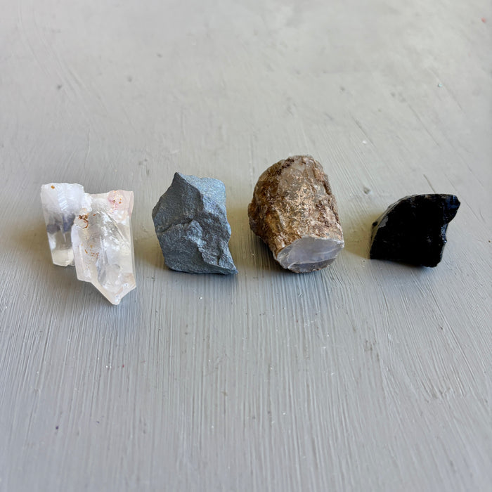 Raw Crystal Set of 4 Opal Hematite Black Obsidian Quartz