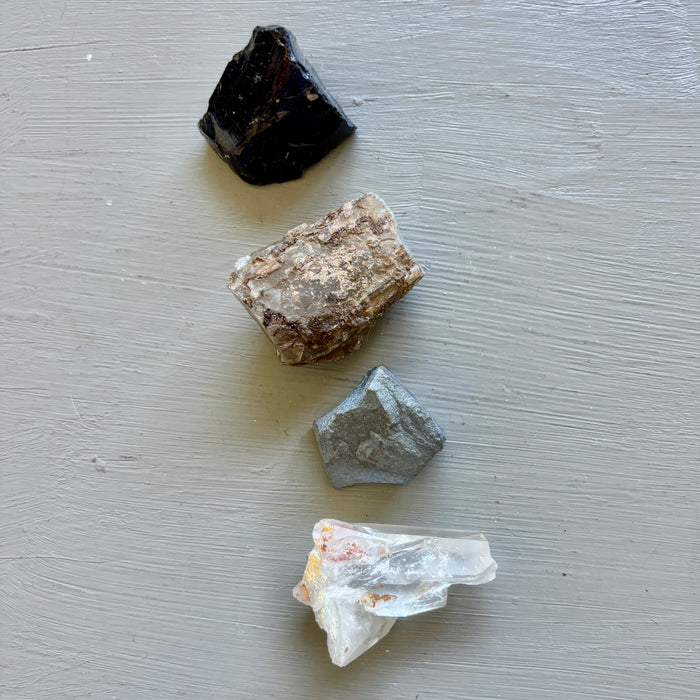 Raw Crystal Set of 4 Opal Hematite Black Obsidian Quartz