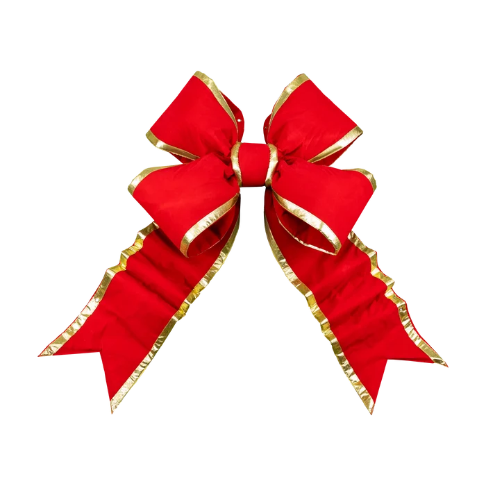 Red Velvet Structural Bow with Gold Trim featuring oversized loops, layered pointed tails, and a rich velvet finish.