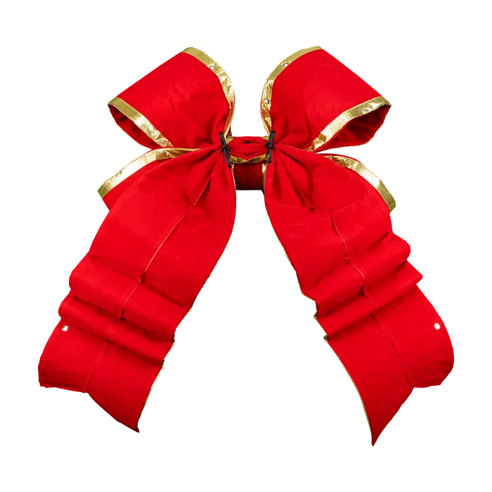 Red Velvet Structural Bow with Gold Trim featuring oversized loops, layered pointed tails, and a rich velvet finish.