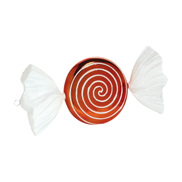 Red and white swirl jumbo candy ornament featuring a glossy red round center with a white spiral design and glittered white wrapper ends.