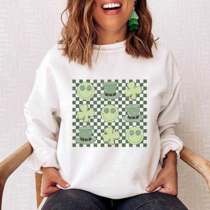 Retro Leprachaun- Shamrock-Smiley Distressed St. Patrick's Day Crewneck Sweatshirt (S-2XL) - Trendznmore