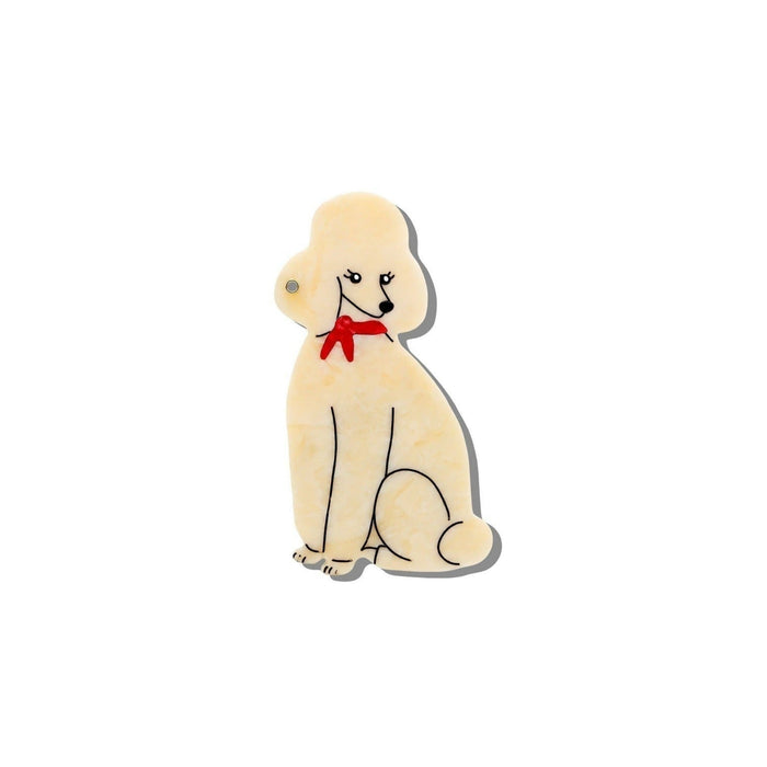Hand-painted cream poodle compact mirror with red bow on white background