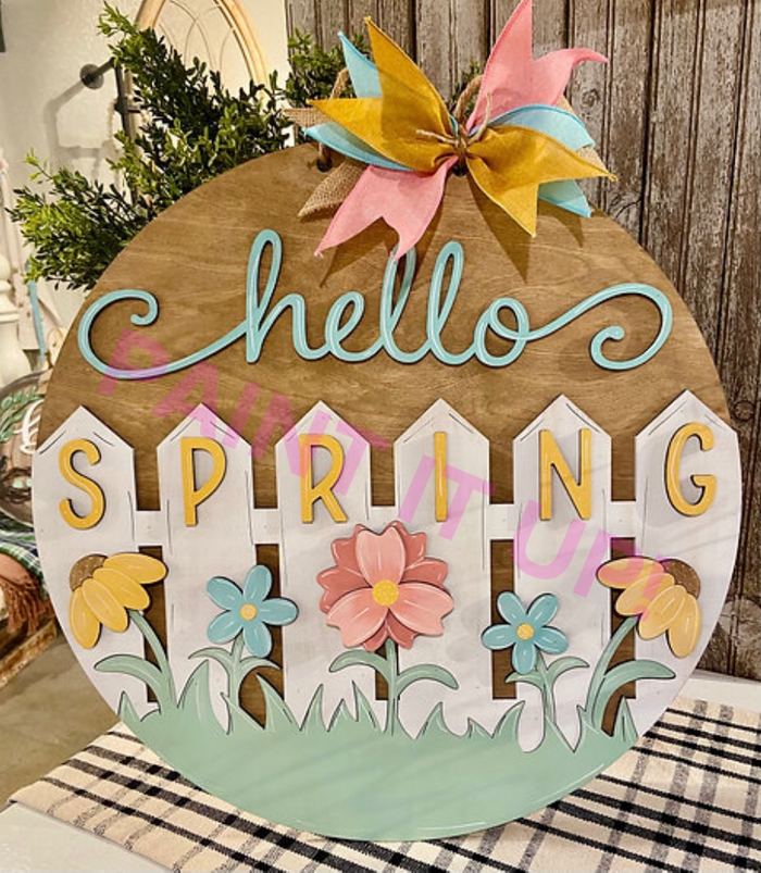 Spring Fence and Flowers Wooden Door Hanger