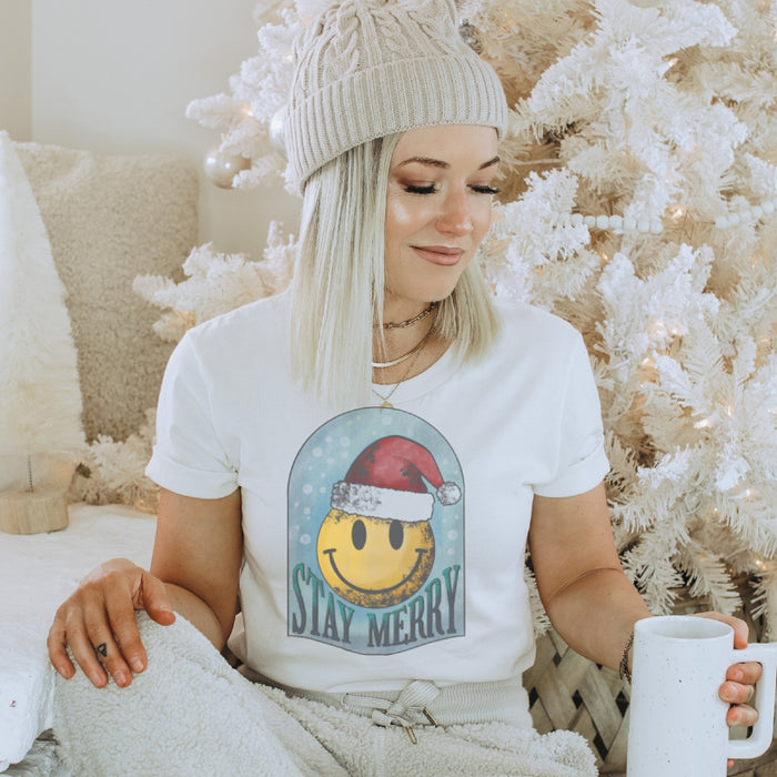 Stay Merry Snow Globe Smiley T-Shirt - Trendznmore