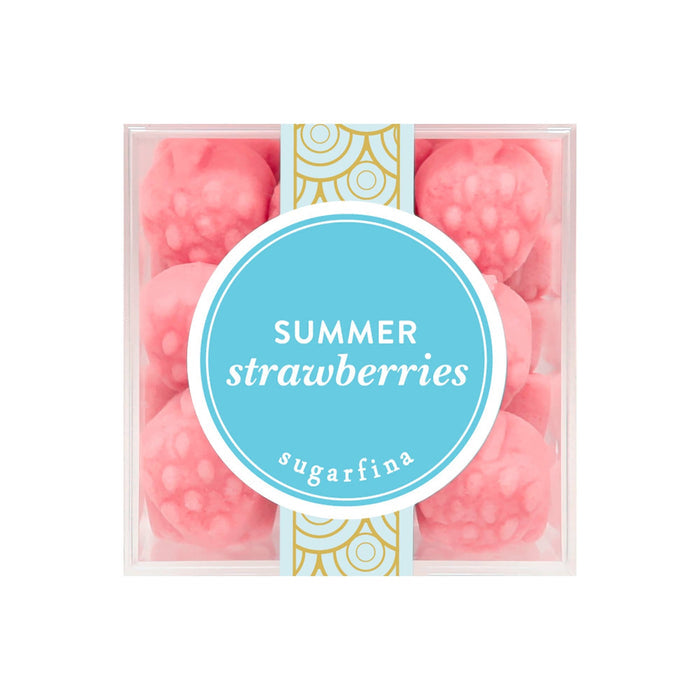 Sugarfina Summer Strawberries Small Candy Cube with pink gummy candies in clear gift box