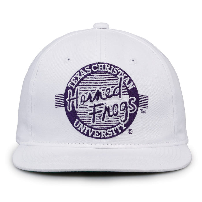 TCU Retro Circle snapback hat in white, front view