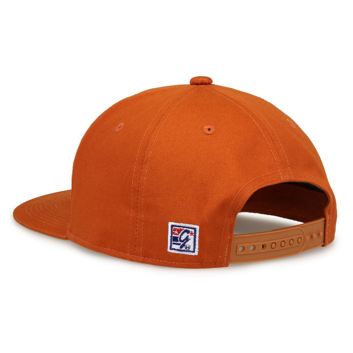 Texas Retro Bar snapback hat in burnt orange, rear view showing the adjustable snap closure