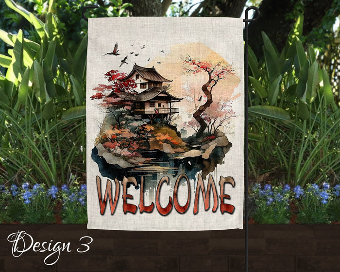 Welcome Japanese Garden Art Linen Garden Flag - 3 Design Choices