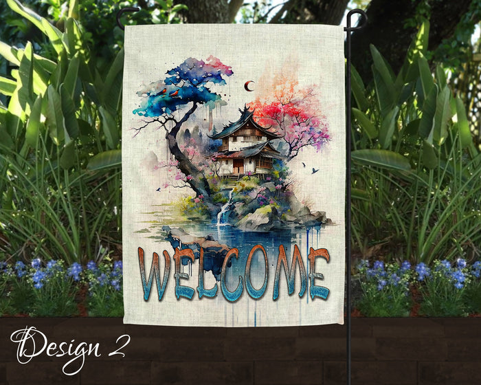 Welcome Japanese Garden Art Linen Garden Flag - 3 Design Choices
