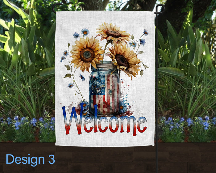 Welcome USA American Flag Floral Jar Art Linen Garden Flag - 3 Design Choices