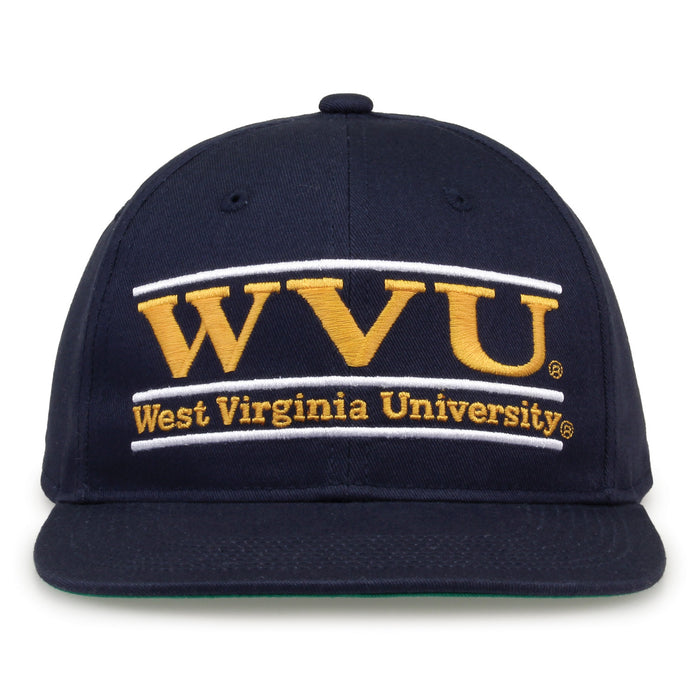 West Virginia Retro Bar snapback hat in navy, front view