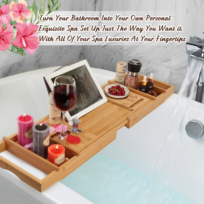 Wooden Bathtub Tray Extendable Adjustable Non-Slip with Wine Glass Slot Phone Tray Book Holder