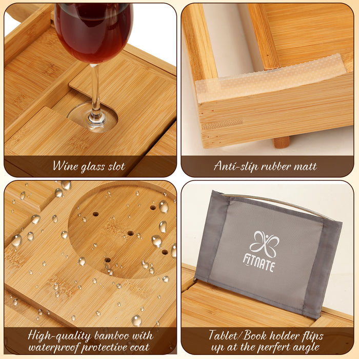 Wooden Bathtub Tray Extendable Adjustable Non-Slip with Wine Glass Slot Phone Tray Book Holder