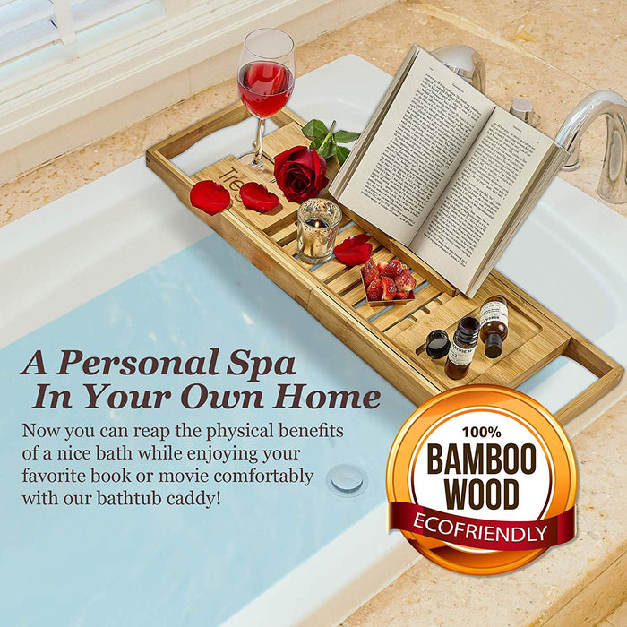 Wooden Bathtub Tray Extendable Adjustable Non-Slip with Wine Glass Slot Phone Tray Book Holder